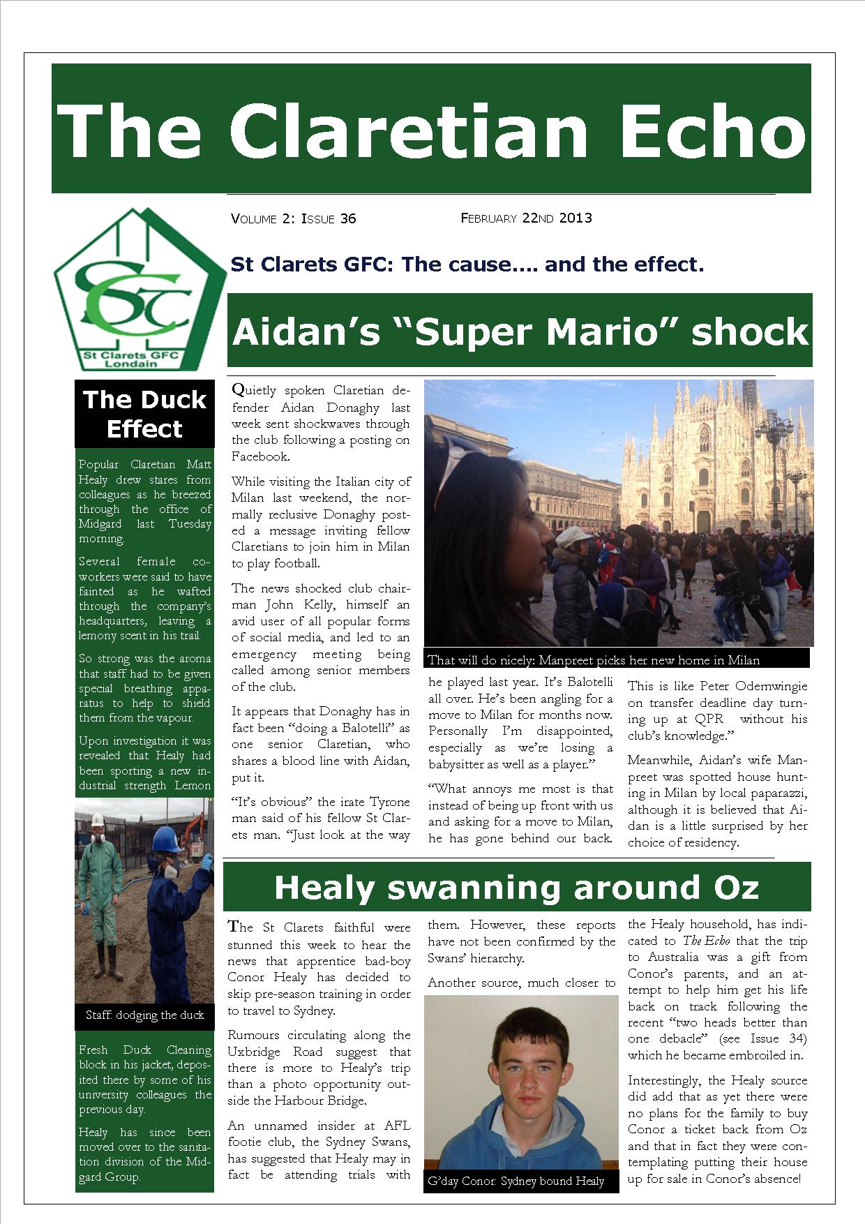 Claretian Echo Issue 36. The weekly newsletter from St Clarets GFC in London. Londonâ€™s best GAA club. A Gaelic football club to be proud of.