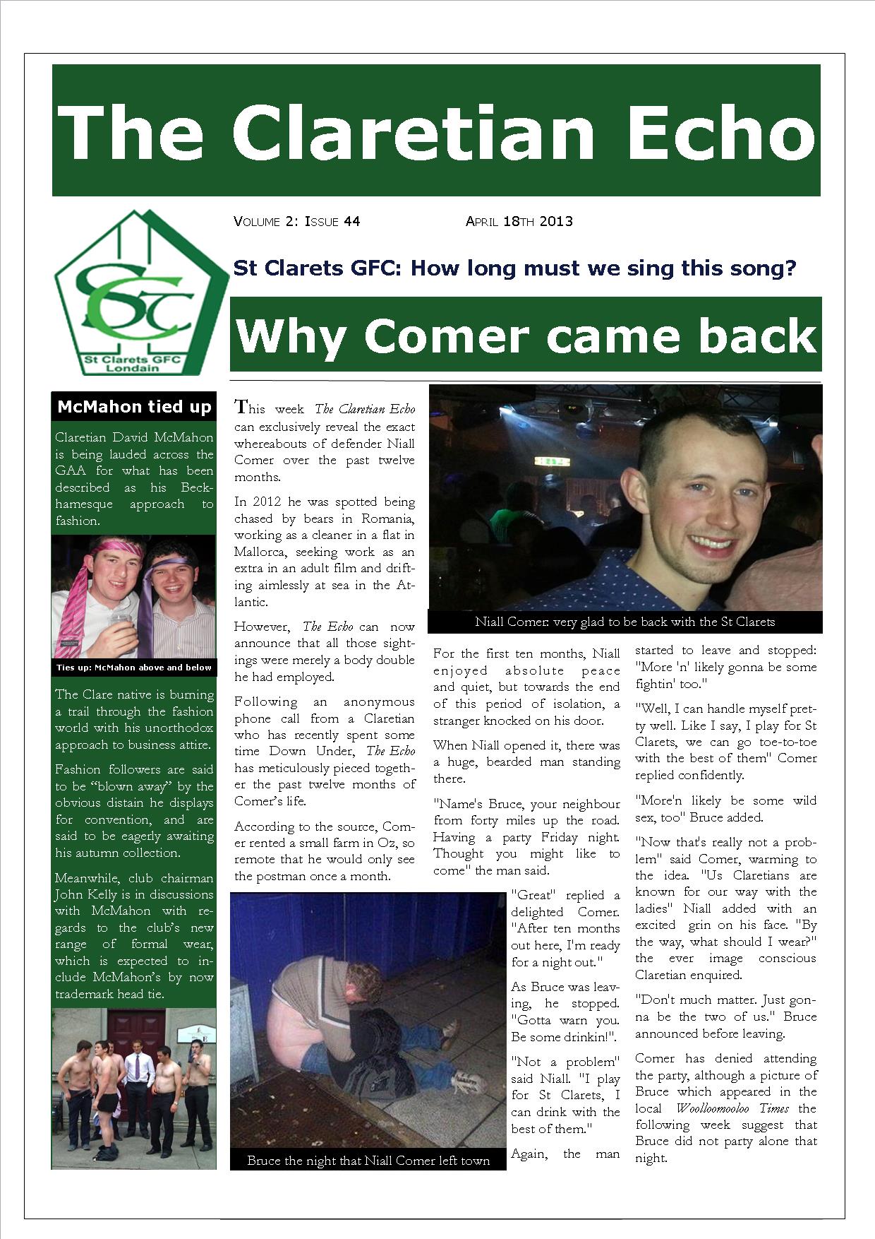 Claretian Echo Issue 44. The weekly newsletter from St Clarets GFC in London. Londonâ€™s best GAA club. A Gaelic football club to be proud of.
